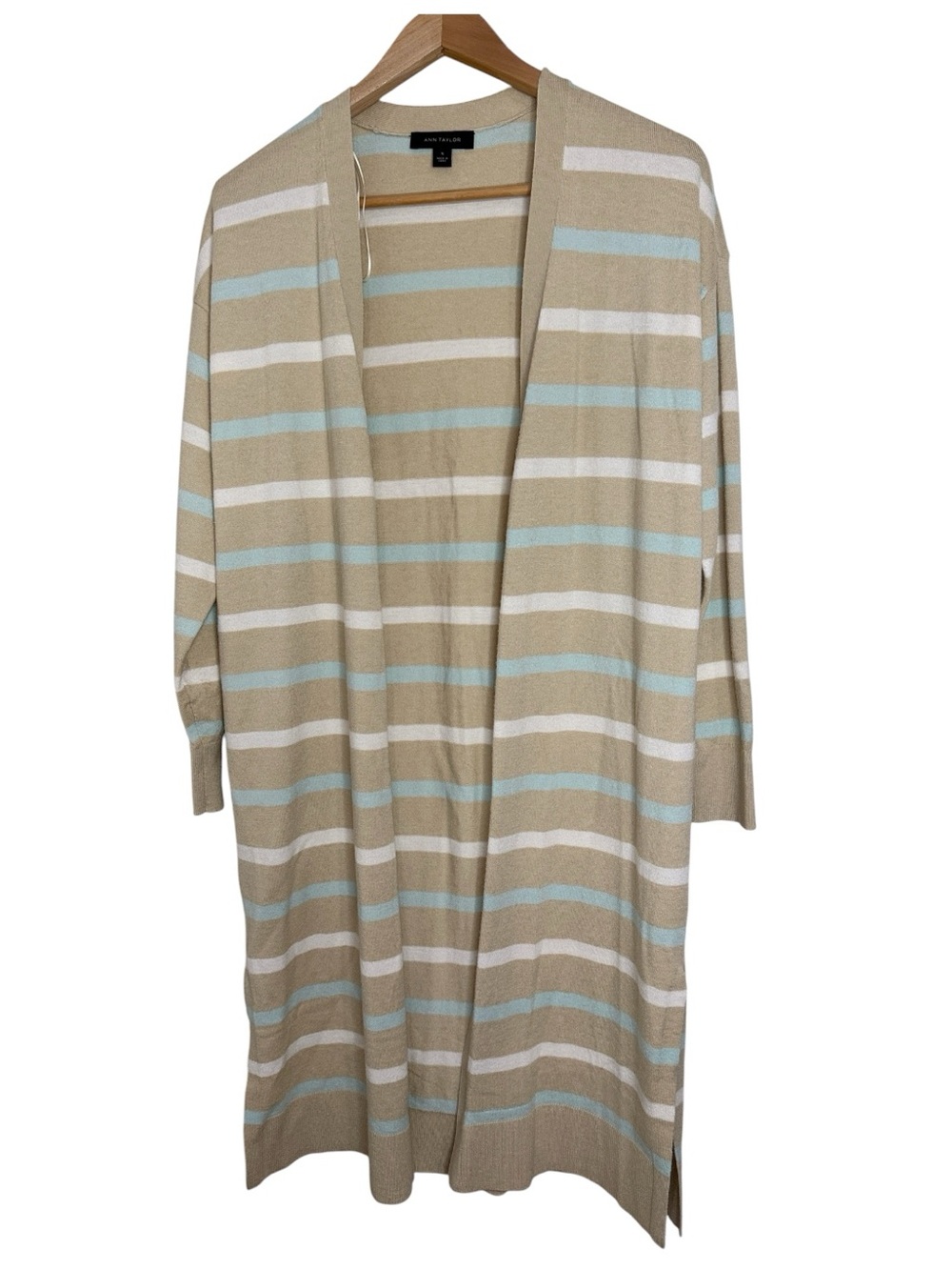 Ann Taylor Tan-White-Blue Striped Open-Front Longline Plush Cardigan size M